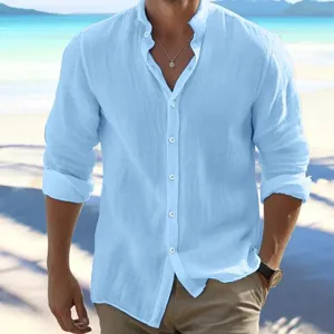 Casual light blue long sleeve shirt detail showing band collar and breathable linen fabric.