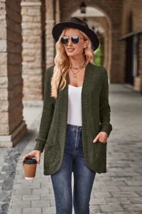 Detailed view of the dark green ribbed long sleeve cardigan, featuring casual daily wear style.