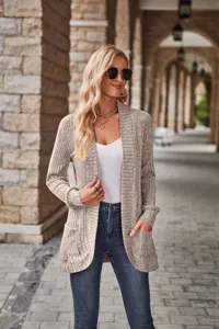 Casual ribbed long sleeve cardigan coat with pockets for women, solid color knitwear outer.