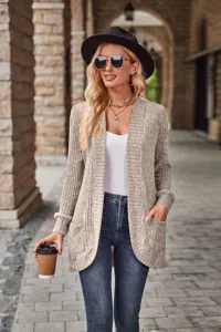 Detailed view of the women's casual ribbed brushed long sleeve open front cardigan in outdoor setting