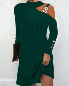 Dark green long sleeve casual dress featuring stylish metal buckle and chic button cuffs.