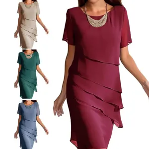 Zomer vrouwen korte mouw ronde hals chiffon slim jurk variant kleur opties detailweergave