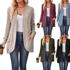 Women Ribbed Knit Cardigan Sweater Open Front Solid Color Long Sleeve Top With Pockets Casual Loose Outerwear For Ladies