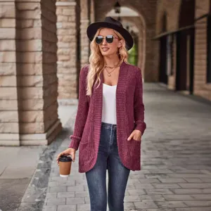 Women casual solid color ribbed long sleeve knitted cardigan coat for autumn daily wear style