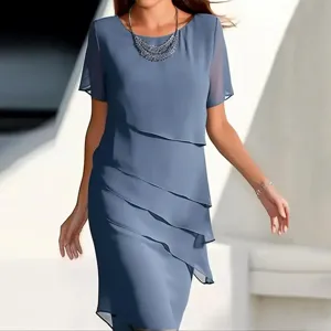 Zomer slanke gelaagde chiffon korte mouw vrouwen jurk grijs blauw hoofdweergave