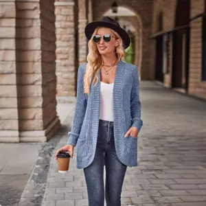 Women blue ribbed knit cardigan coat long sleeve casual outerwear for daily autumn wear