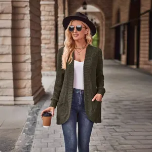 Solid ribbed casual long sleeve cardigan for women, comfortable autumn daily outerwear.