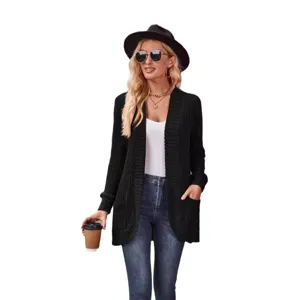 Women casual long sleeve black ribbed knit cardigan sweater outerwear for autumn fashion style