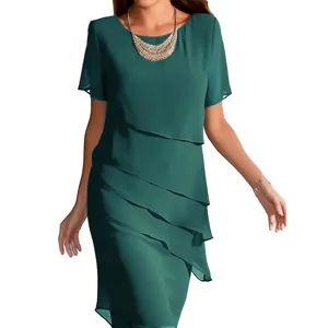 Zomer elegante chiffon jurk voor dames, ronde hals korte mouw gelaagde groene jurk midi.