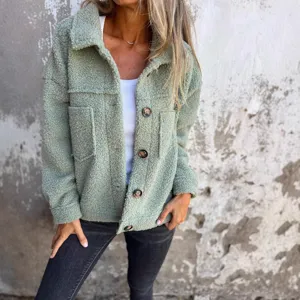 Women lapel single-breasted sherpa fleece jacket casual winter outerwear main view.