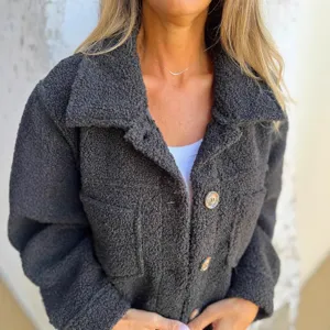 Dark grey fleece sherpa jacket for women, stylish single-breasted winter outerwear main view.