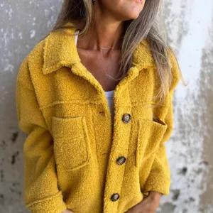 Women's yellow fuzzy fleece lapel single-breasted jacket autumn winter casual outerwear