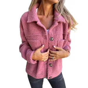 Stylish autumn winter fleece shacket with lapel and button closure for women comfortable wear.