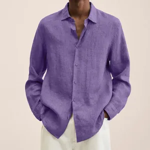 Purple linen-blend long sleeve shirt detail view, showing button-down collar and fabric.