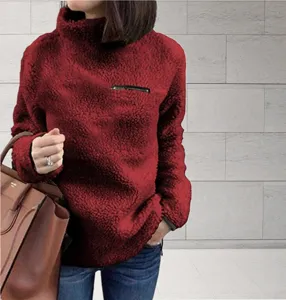 Women red fleece turtleneck sweater winter warm pullover with chest zipper pocket stylish top