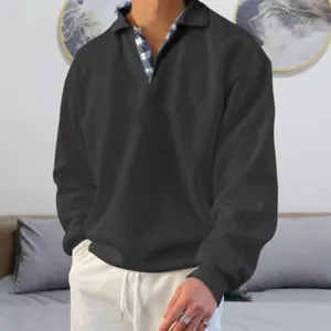 Felpa uomo manica lunga scollo V risvolto larga casual autunno colore solido top.