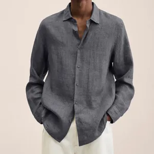 Detailed view of men's dark grey long sleeve linen blend casual button down shirt showcase.