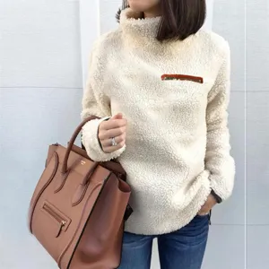 Women's Fashion Autumn Sherpa High Neck Zipper Pullover Fleece Casual Sweater Top