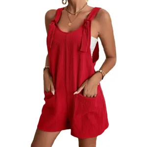 Women's Summer Casual Tie Strap Romper Shorts Red Jumpsuit Sleeveless Pocket Main View