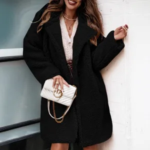 Stylish black fleece teddy coat for women, warm long sleeve winter outerwear casual jacket