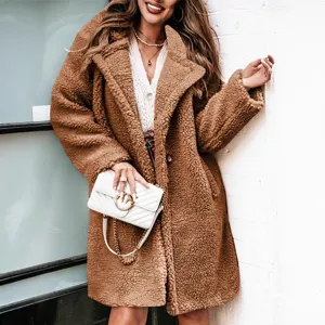 Women winter brown teddy bear fleece lapel coat, stylish oversized fuzzy warm outerwear.