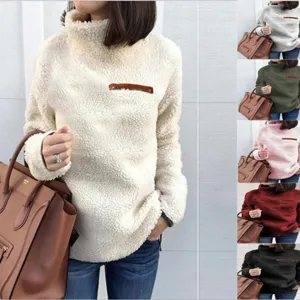 Women High Neck Fleece Sweater Zipper Pocket Slim Fit Long Sleeve Streetwear Patchwork Warm Pullover Top Autumn Winter Fashion