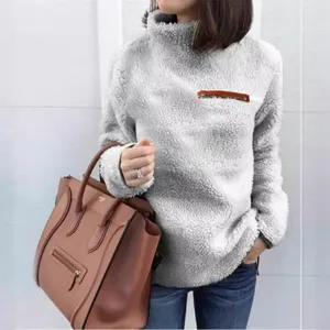 Women grey fuzzy high neck sweater winter warm zip fleece pullover casual stylish top