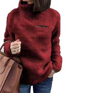 Women's Red Fuzzy Turtleneck Pullover Sweater with Zipper Pocket Casual Long Sleeve Top