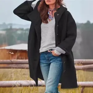 Women's casual hooded coat, stylish black trench coat for daily autumn outdoor wear.