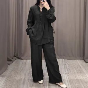 Casual solid color linen blend long sleeve top and wide leg trousers set, black color.