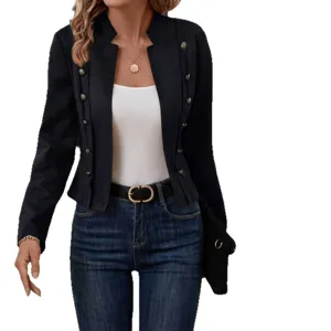 Women vintage solid faux suede mock neck double breasted short jacket coat main image