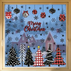 Pegatinas Estáticas Ventana Navidad Árbol Navidad Copos Nieve Cuadros Rojos Negros Adhesivos Vidrio Reutilizables Doble Cara Decoración Hogar Invierno