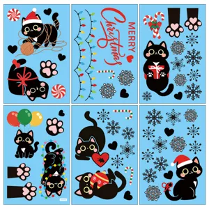 Weihnachtliche statische Fensteraufkleber süße schwarze Katzen Schneeflocken Glas Deko