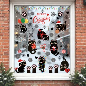 Weihnachten Fensteraufkleber Statisch Cartoon Schwarze Katze Weihnachtsmütze Schneeflocke Ballon Muster Doppelseitig Glasaufkleber Ferien Wandtattoo Dekoration