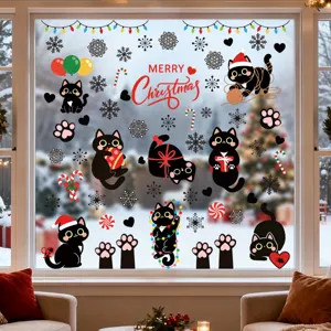 Weihnachten elektrostatische Fensteraufkleber mit niedlichen schwarzen Katzen und Schneeflocken.