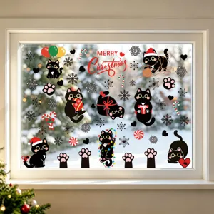 Weihnachtsstatischer Fensteraufkleber schwarze Katze Schneeflocke Glas Deko Aufkleber