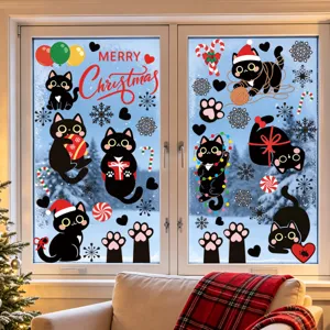Weihnachten schwarze Katze Fensteraufkleber statisch Deko Glasaufkleber Schneeflocken