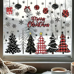 Pegatinas estáticas de ventana de Navidad con árboles, copos y patrón de cuadros rojos.