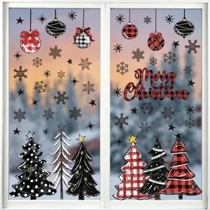 Pegatinas estáticas para ventanas de Navidad con árboles a cuadros y copos de nieve.