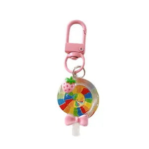 Cute Summer Rainbow Transparent Lollipop Keychain Resin Strawberry Bow Bag Pendant Student Schoolbag Charm Gift For Women Girls
