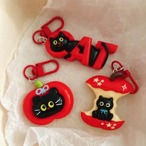 Cute cartoon black cat apple keychain creative bag charm backpack accessory gift idea