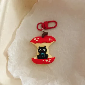 Cute black cat apple keychain bag charm cartoon pendant aesthetic backpack accessory bestie gift