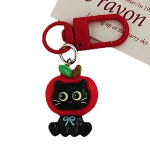 Cute Cartoon Christmas Apple Black Cat Resin Keychain Pendant Creative Red Hook Bag Charm Schoolbag Accessories For Friends Gift