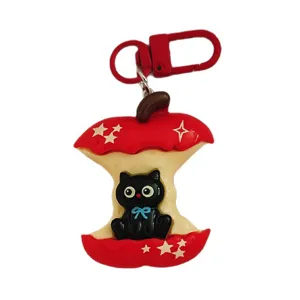 Cute Cartoon Black Cat Red Apple Resin Keychain Creative Bag Pendant Backpack Charm Accessories For Friends Gift Birthday Party Charm
