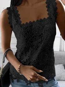 Black lace square neck sleeveless tank top for women summer casual stylish shirt