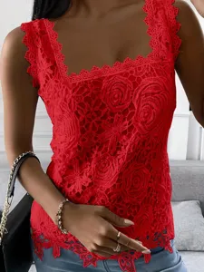 Square neck lace sleeveless tank top for women, perfect for summer casual wear and daily styling.