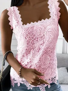 Pink square neck lace sleeveless tank top for women, stylish floral crochet summer top.