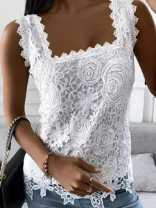 Summer women square neck lace sleeveless tank top elegant casual floral blouse clothing