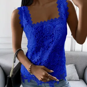 Womens royal blue square neck lace sleeveless tank top summer casual fashion camisole