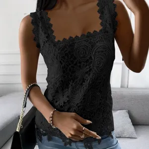 Summer Square Neck Lace Sleeveless Tank Top Women Black Casual Fashion Camisole Shirt